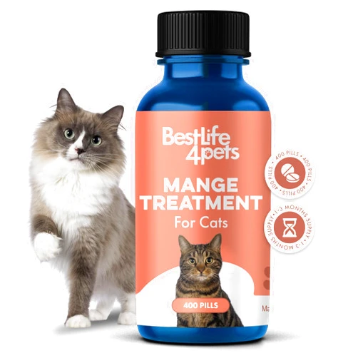 BestLife4Pets Mange Treatment for Cats, Natural Ear Mite Treatment & Cat Itchy Skin Relief Helps with Feline Scabies, Cat Dandruff, Shedding, Excessive Grooming and General Feline Skin Care, 400 Odorless Pills