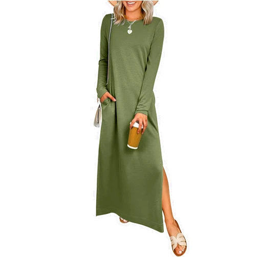 ANRABESS Women Long Sleeve Dresses 2025 Fall Casual Crewneck Loose Fit Split Flowy Wrinkle-Free Travel Vacation Maxi Dress