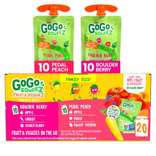 GoGo squeeZ Fruit & veggieZ Applesauce and Puree Variety Pack, Pedal Peach and Boulder Berry, 3.2 oz (Pack of 20), Unsweetened Snacks for Kids, BPA Free Pouches