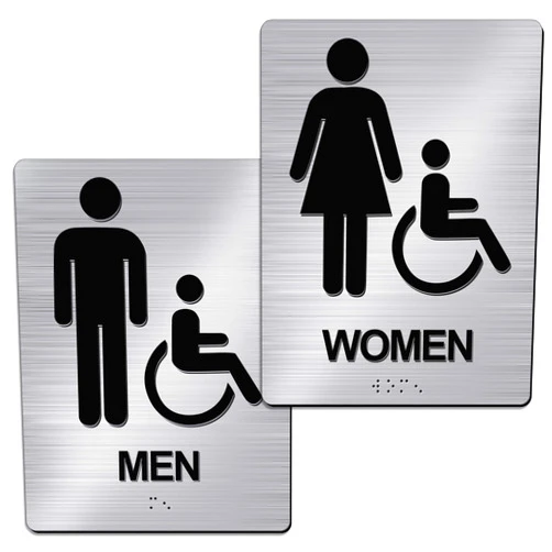 Shimeyao 2 Pcs Men and Women Restroom Sign with Braille 8 x 6 Inch ADA Compliant Braille Bathroom Sign Self-Stick Handicap Wheelchair Bathroom Sign for Businesses Offices