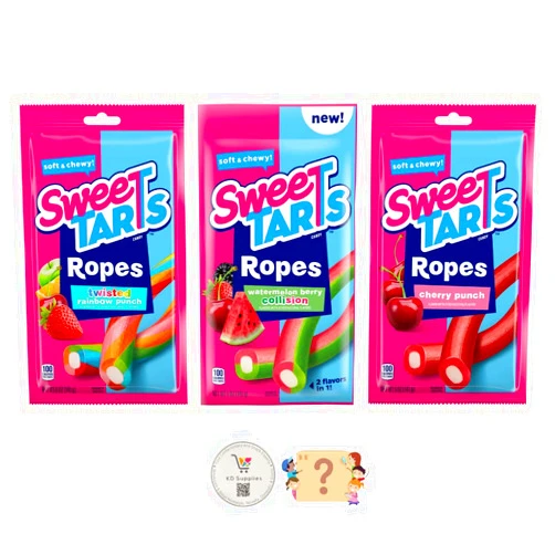 KD Supplies SweeTarts Chewy Nostalgic Candy Pack + Bonus Mystery Gift (5 oz (Pack of 3), Variety - Twisted Rainbow Punch, Cherry Punch & Collision Watermelon Berry))