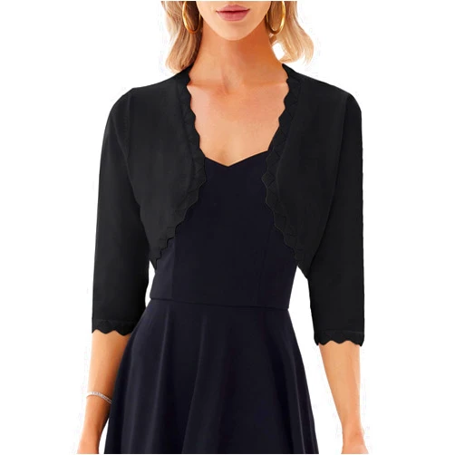GRACE KARIN Women's 3/4 Sleeve Open Front Scalloped Knit Cropped Bolero Shrug Cardigan