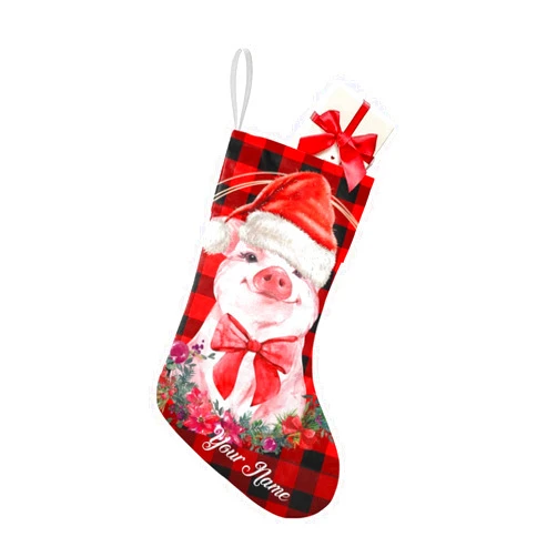 OAHEDIAM Personalized Christmas Stockings Cute Christmas Pig with Buffalo Plaid Socks Bag for Decorations, Trees, Wall, Stocking Decorations for Kids Dog Cat Pet Xmas Gift 7.87x17.52 inch