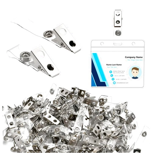 Lainballow 200 Pcs Metal Badge Clips, ID Badge Clips with Clear PVC Straps, Double Hole Name Tag Clips for Badges, ID Cards, Badge Holders, Work Badges