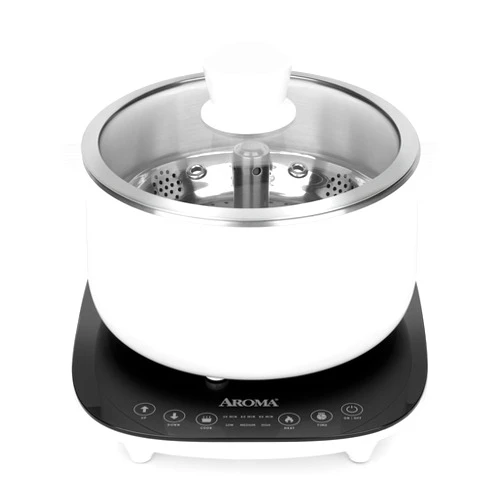 Aroma Housewares 2.5-Liter Smart Electric Hot Pot & Rapid Boil Steamer with Automatic Stainless Steel Steamer Basket Lift, White, ASP-700