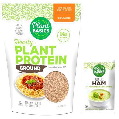Plant Basics Plant Based Meat Substitutes Plant Basics - Hearty Plant Protein - Unflavored Ground, 1 lb - Plant Based Seasoning, Just Like Ham, 2 ounce - Non-GMO, Gluten Free, Vegan