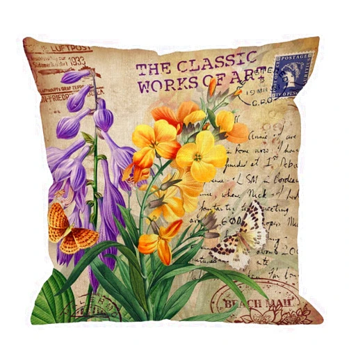 HGOD DESIGNS Throw Pillow Cover Flower with Vintage Butterfly Stamp Letter Violet Yellow Orange Green Home Decorative Pillow Cases Cotton Linen Square Cushion Covers for Sofa Couch 18x18 Inch