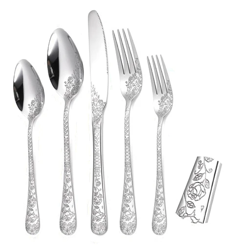 A · HOUSEWARE Floral Silverware Set 6 Silvery Flatware Stainless Steel with Delicate Engraved Rose Flower Embossed Design Complete 30 Piece Cutlery for Restaurant Utensils Home Kitchen Daily Use