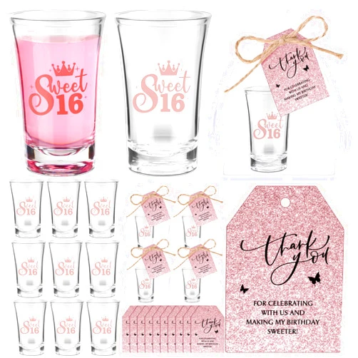 Kritkin 25 Sets Sweet 16 Favors for Guests Sweet 16 Plastic Short Glasses Acrylic Clear Shot Glasses with Thank You Cards Organza Bag 16 Years Old Birthday Party Supplies Rose Gold Sweet 16 Decoration