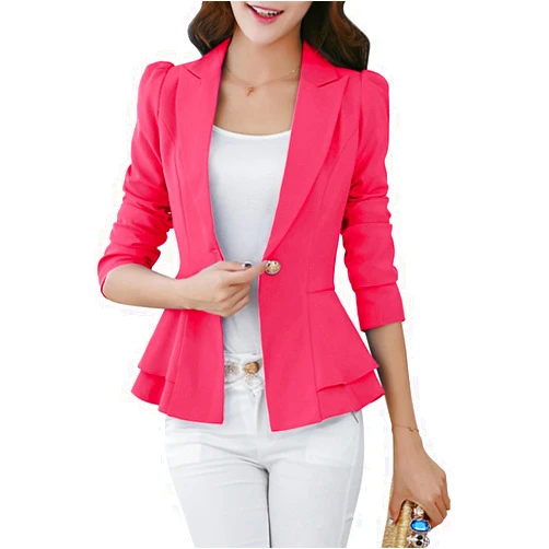 YMING Women's Button Down Slim Blazer Solid Color Office Cardigan Long Sleeve Ruffle Hem Jacket Plus Size