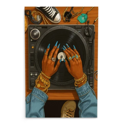 Generic Hip Hop DJ Turntable Wall Art Urban Street Style Poster Gold Jewelry Vinyl Record Fashion Y2K Black Woman Print Retro Music Decor for Song Lover Studio Dorm Living Room 12x18inch Unframed