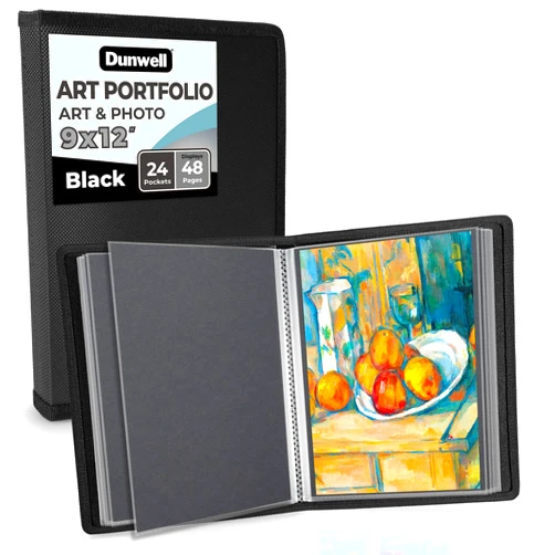 Dunwell 9x12 Art Portfolio Binder, Black Mounting Paper, Portfolio Binder for Artwork, 9 x 12 Art Folder, 24 Pockets Display 48 Pages, Acid-Free Poly Presentation Book