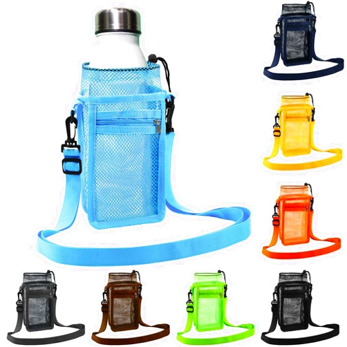 Berlune Water Bottle Holder for 14-30oz Drawstring Water Bottle Carrier with Zipper Pocket Adjustable Mesh Sling Bag for Walk