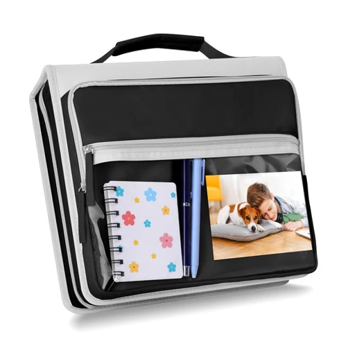 Ndsox Zipper Binder 3 Ring with Handle, 2 Inch O-Ring Document Organizer Middle School Binder with Zipper for Students, 5-Tab Expanding File Folder & 2 Mesh Pouches, DIY Clear Front Pocket, Black