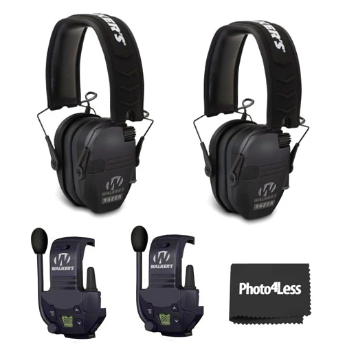 Walker's Razor Slim Ultra Low Profile Compact Design Adjustable Hearing Protection Electronic Earmuffs - Black Bundle With WALKER'S Razor Walkie Talkie Attachment - 22 Channels 3 Miles Range (2 Pack)