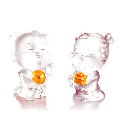 LIULI Crystal Art, Twin Set, Crystal Boy and Girl Doll Set, 24K Gilded - Baby Peace+Baby Ruyi (Set of 2, 24K Gold Leaf Edition)