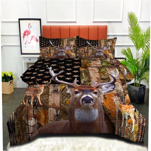 NINENINE Deer Bedding Set, Queen Size Comforter with American Flag, Camo Design for Boys, 3 Piece Set