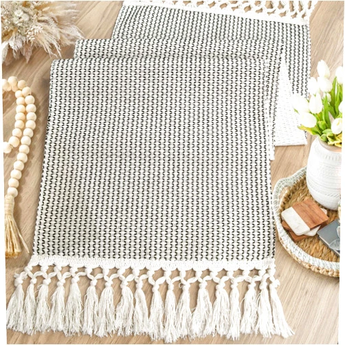 Tiosggd Coffee Table Runner Short, Natural Cotton Braided Woven Table Cover for Modern Farmhouse Decor with Tassel, Black and Cream Boho Dresser Runners for Bedroom, Nightstand, End Table, 14x48 inches Long