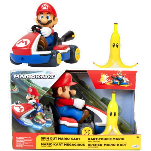 Super Mario Spin Out Mariokart Mario Racer Vehicle with 360 Spins, Wind Up and Go! Includes One 2.5” Mario Action Figure