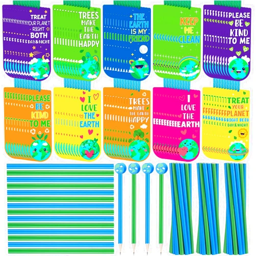 Frienda 90 Pcs Earth Day Party Favors Gift, Earth Day Bookmarks, Earth Pencils with Globe Eraser Topper Environmental Protection Supplies for Earth Day Classroom Student School Reward Educational Gift