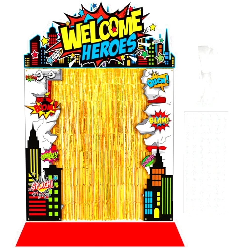 VitalCozy 7 pcs Hero Party Decorations Hero Party Porch Banners Gold Foil Fringe Backdrop Curtains for Birthday Halloween Photo Background Door Entryway Decor