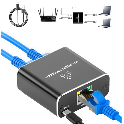 Pushua Gigabit Ethernet Splitter 1 to 2 High Speed, 1000Mbps Internet Splitter 1 in 2 out, LAN Splitter with USB Power Cable, RJ45 Splitter for Cat5/5e/6/7/8 Cable(2 Devices Simultaneously Networking)