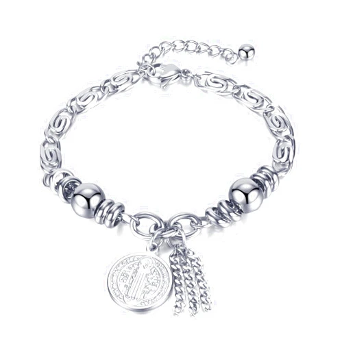 TEMICO Stainless Steel Cross Saint Benedict Coin Charm Bracelet for Women Catholic Exorcism Protection Jewelry