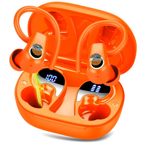 Poounur Wireless Earbuds, Bluetooth 5.3 Headphones Sport, In Ear buds Wireless Earbuds Bluetooth 50H Playtime LED Display, Deep Bass Stereo Noise Cancelling Headphones, IP7 Waterproof Earphones, Bright Orange