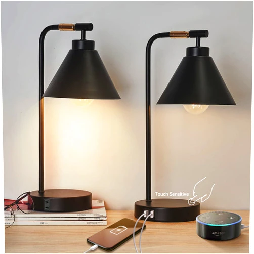 VIHEI Black Touch Nightstand Lamp, Dimmable Industrial Table Lamp with USB Port and AC Outlet, Metal Bedroom Bedside Night Light for Reading, Set of 2