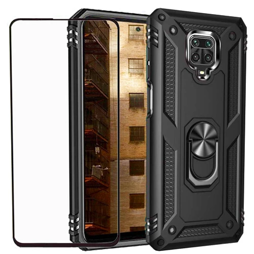 DuoLide for Xiaomi Redmi Note 9S / Note 9 Pro Case with Tempered Glass Screen Protector,Hybrid Heavy Duty Dual Layer Anti-Scratch Shockproof Defender Kickstand Armor Case Cover, Black