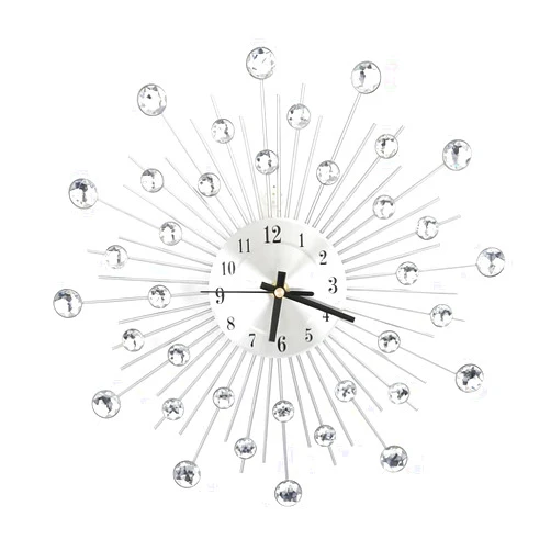 Npkgvia Luxury Diamond Studded Metal Wall Clock, Silver, One Size, Quartz, Analog, Sunburst, Indoor, Unisex, Wall Mount