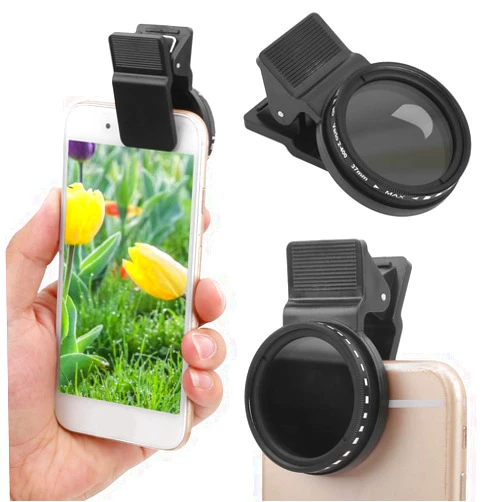GOWENIC Phone Camera Lens Filters, 37mm Clip on ND 2 400 Cell Phone Lens Adjustable Density Filter with Phone Clip for Different Brand Phones