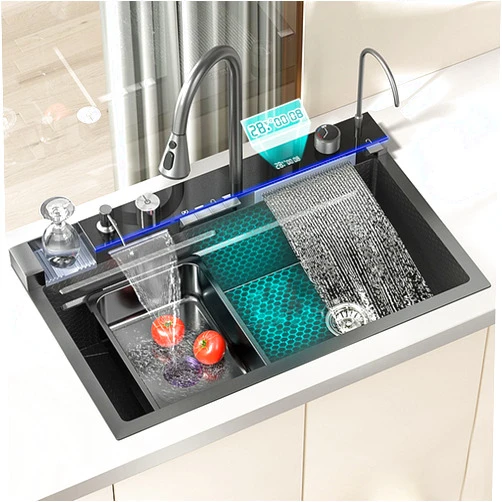 HYX US Black Nano Kitchen Sink 304 Stainless Steel Waterfall Sink Single Bowl Workstation Kitchen Sink with Multifunctional Digital Display Fly Rain Pull-Out Faucet