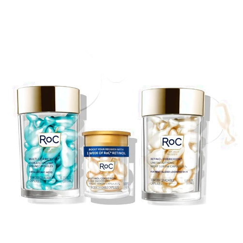 RoC Retinol Correxion Anti-Aging Wrinkle Night Serum (30 CT) + RoC Multi Correxion Hyaluronic Acid Night Serum Capsules (30 CT) & sample, Skin Care Routine Bundle