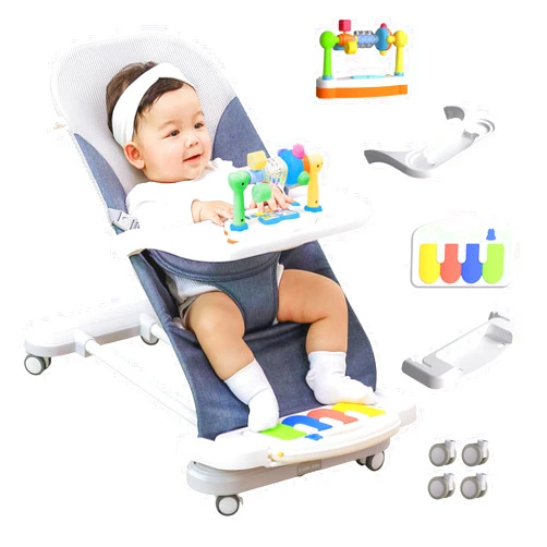 Cuddo Baby CuddoBaby Baby Bouncer 4-in-1 with Wheels, Detachable Piano, Feeding Tray, Play Bar, Thick Base. 3-Level Incline Portable Seat for Infant to Toddler 0-6, 0-12, 12-24 Months, Upto 29Lbs - Blue