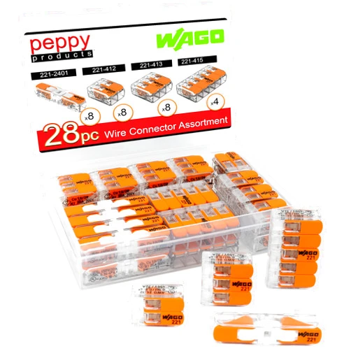 Peppy Products WAGO 221 Lever Nuts 28pc Compact Splicing Wire Connector Assortment with Case | Includes (8X) 221-2401, (8X) 221-412, (8X) 221-413, (4X) 221-415