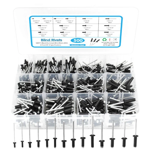 SATANTECH 500pcs Black Rivets Pop Rivets Assortment Kit, 14 SAE Sizes Aluminum Rivets (3/32