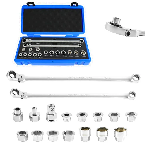 LOSCHEN 17pcs Extra Long Metric Flex-Head Ratcheting Wrench Double Box End Combination Wrench Set with 72 Teeth, Chrome Vanadium Steel Tubing Ratchet Spanner（US and European Patents）