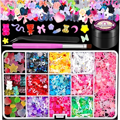 Sinyanail 3D Resin Nail Charms Rabbit Flower Bear Bowknot Hollow Star Heart Pearls Nail Jewelry Gems Gummy Heart Start Bear Nail Beads with Nail Charm Glue and Pickup Tools (13 Charms with Glue)