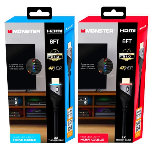 XTREME DIGITAL LIFESTYLE ACCESSORIES Monster 6ft High Speed 4K HDR Hdmi Cables with Built-in Led Light, Blue and Red Lighted Cables