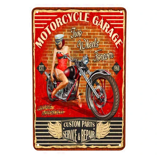 AOYEGO Pin Up Motorcycle Tin Sign,Motor Garage Red Black Vintage Metal Tin Signs for Cafes Bars Pubs Shop Wall Decorative Funny Retro Signs for Men Women 8x12 Inch