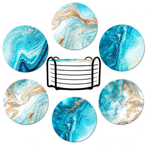 Dooke Coasters for Drinks, Round Absorbent Ceramic Stone Coasters Set of 6 with Cork Base, Funny Drink Coasters with Holder for Cold Drinks Wine Mugs and Cups Tabletop Protection, 4 Inches,Teal Marble