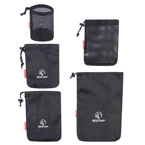 REDCAMP Stuff Sack Set of 5, Lightweight Mesh Nylon Drawstring Storage Bag Pouch for Travelling Hiking Red/Black