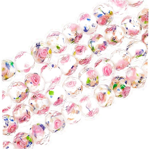 PH PandaHall 60pcs 9~10mm Rose Lampwork Beads Gold Sand Glass Beads Handmade Flower Glass Beads Round Loose Beads for Rosary Making Jewelry Craft Making with 1.5~2mm Hole - White