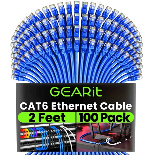 GEARit Cat 6 Ethernet Cable (100-Pack 2 Feet) Cat6 Network Patch, 10Gbps, RJ45, Snagless Cord, Gold-Plated Connectors, Internet for PC, TV, Tablet, Router, Printer, Servers, IT Data Center - Blue