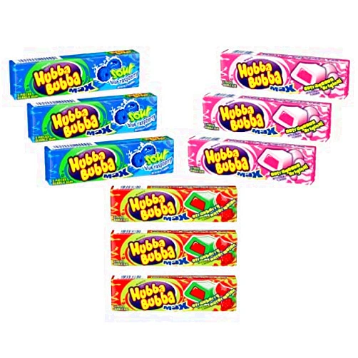 QUEEN JAX Hubba Bubba Max Bubble Gum - Variety Pack 3 Flavors (Total of 9 Packs of Gum) - Sour Blue Raspberry Bubble Gum - Strawberry Watermelon Bubble Gum - Outrageous Original Bubble Gum - 3 Packs of Each Juicy Flavor - 9 Packs of Gum in total - Fresh Candy - Queen Jax