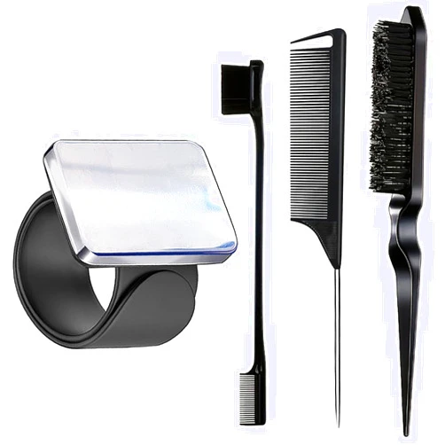 Rabetly Magnetic Wristband for Hair Stylist, 4 Pieces Hair Braiding Tool with Edge ＆Teasing Brush, Rat Tail Comb, Braider Wristband for Black Hair, Daily Silicone Sewing Pincushion (Black)
