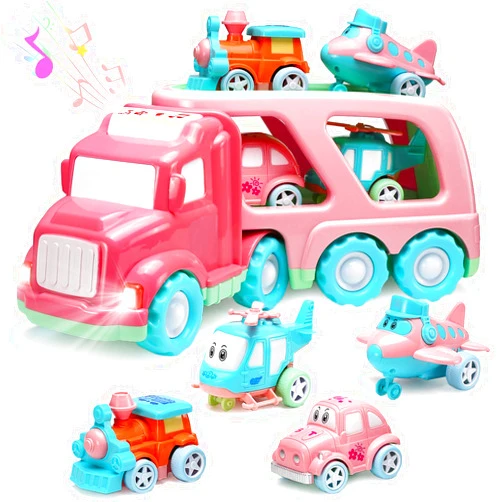 LESUTER TOYS Carrier Car Toy Set(5 in 1) with Lights and Sounds, Pink Toy for Girl Toddler Kid, Friction Powered Double Layer Transport Truck with Cartoon Vehicles, Child Play Birthday Gift Christmas Party Favors