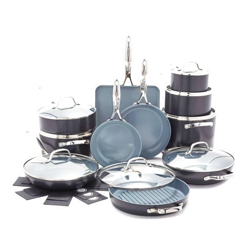 GreenPan Valencia Pro Hard Anodized Healthy Ceramic Nonstick 22 Piece Cookware Pots & Pans Set, Fry Grill, Griddle, Saute & Sauce Pans, Stockpot,Lids, PFAS-Free, Induction, Dishwasher & Oven Safe,Gray
