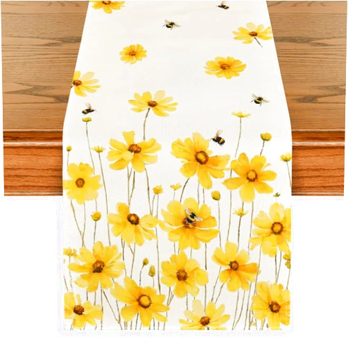 Artoid Mode Yellow Flowers Daisy Bees Summer Table Runner, Seasonal Easter Fall Holiday Kitchen Dining Table Decoration for Home Party Indoor 13x72 Inch